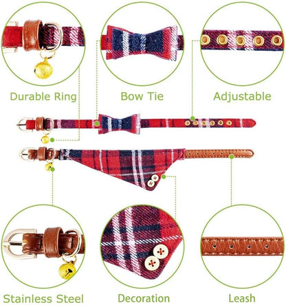 EXPAWLORER Dog Collar and Leash Set - Classic Plaid Dog Bow Tie and Dog Bandana Collar with Bell, Dog Leash Tangle Free, Adjustable Collars for Small Medium Large Dogs Cats, Holiday Ideal Gift