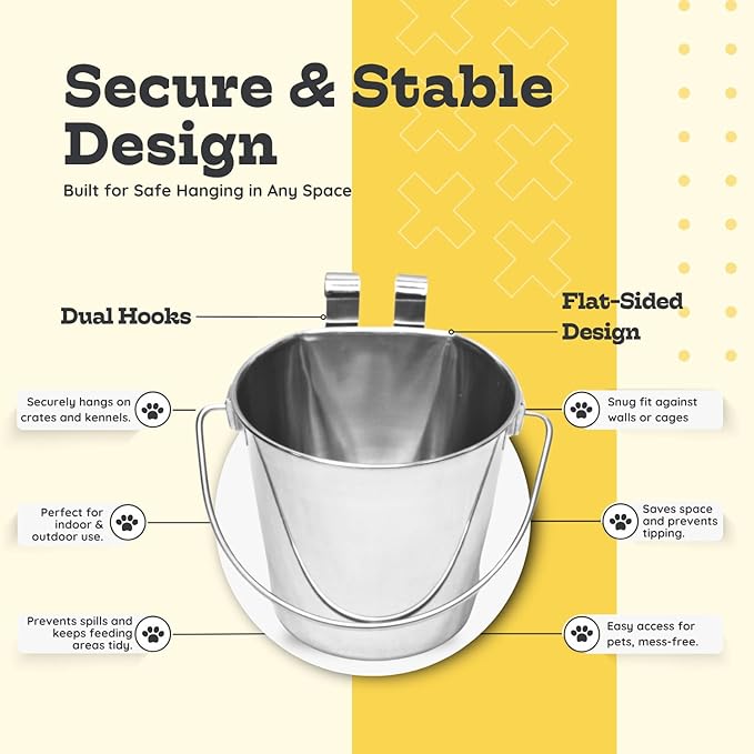 2 quart Stainless Steel Flat Sided Bucket with Dual Hooks | 0.5 gal Durable Food & Water Bowl for Dog Cats Bird & Small Animals | Fits kennel Cage Critter Crate | Hanging Utility Pet Pail