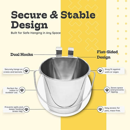 6 quart Stainless Steel Flat Sided Bucket with Dual Hooks | 1.5 gal Durable Food & Water Bowl for XL Dog Goat Sheep & Livestock | Fits kennel Cage Critter Crate | Hanging Utility Pet Pail
