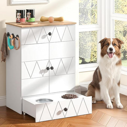 Pet Feeding Station with Storage, Raised Dog Bowls, Pet Feeder Cabinet, with Adjustable Shelves, Rolling Drawer, Hooks, for Feeding & Watering Supplies (Light)