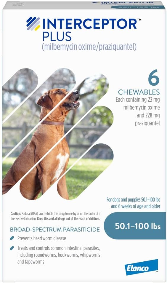 Interceptor Plus Prevention for Heartworm + 4 Other Worms for Dogs 50.1-100 lbs. | 6 Chews, 6-Month Supply