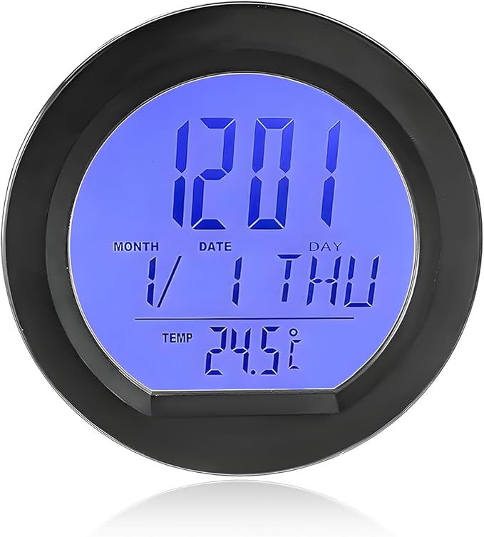 Car Digital Thermometer Clock, Solar Powered Mini Dashboard Clock with Date & 12/24 Hour Format Time, Adhesive LCD Display Watch with Backlight for Vehicle Office Home
