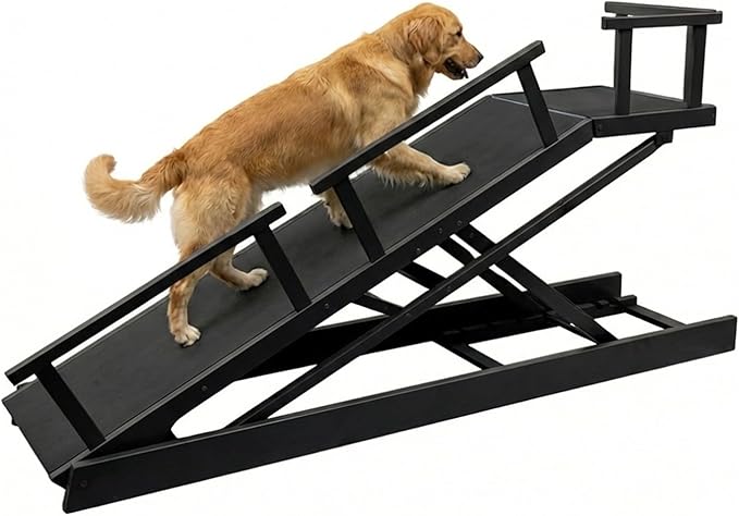 6 Level Height Adjustable Dog Ramp for Bed, Couch 65" Foldable Pet Ramp with Non-Slip Mat，DIY Glow Strips & Rest Platform Heavy Duty Dog Stairs for Large Dogs up to 200Lbs ，Black