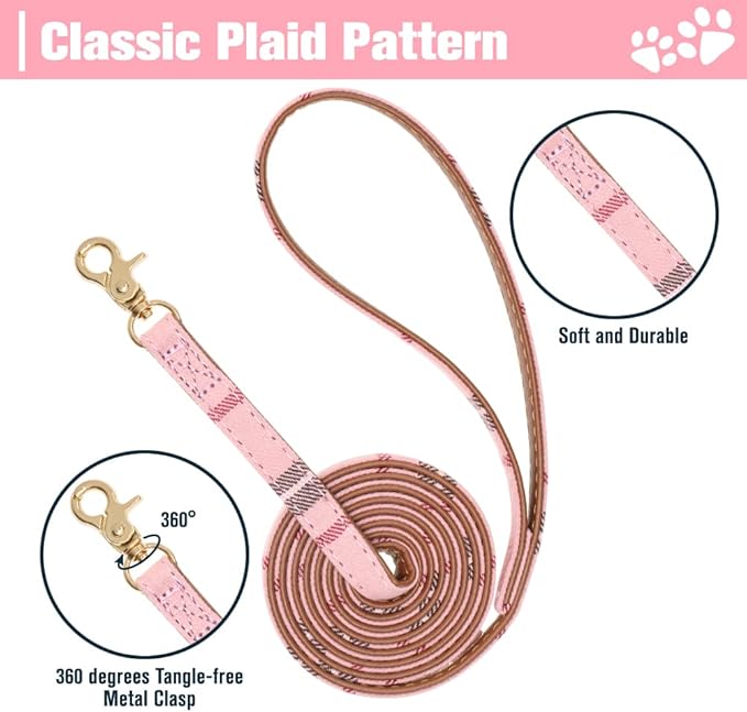 EXPAWLORER Dog Collar and Leash Set - Embroidery Pawprints Plaid Dog Collar and Dog Leash Set, Bow Tie and Bandana Dog Collar with Bell, Collar and Leash for Dogs Cats Outdoor Walking, Pink S-M