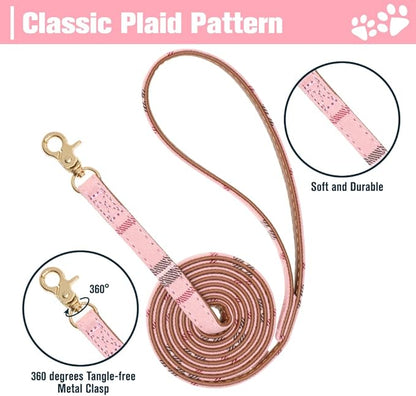 EXPAWLORER Dog Collar and Leash Set - Embroidery Pawprints Plaid Dog Collar and Dog Leash Set, Bow Tie and Bandana Dog Collar with Bell, Collar and Leash for Dogs Cats Outdoor Walking, Pink S-M