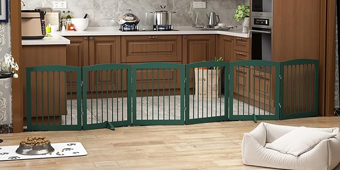 PUPETPO Freestanding Pet Gate for Dogs, Foldable Wooden Dog Gate for House, Extra Wide Indoor Pet Barrier for Stair, Doorway, Hall, Support Feet Included, 120 Inch Wide, 6 Panels 24",Green