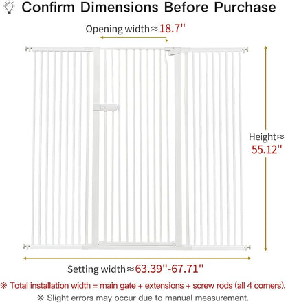 Lumizone Extra Tall Cat Gate 55.12" High Pressure Mounted Extra Wide 2025 New (17 Sizes) 1.37" Gap No Drilling Auto-Close One-Handed Operation Tall Pet Gate for Dogs(White, 55.12" H x 63.39"-67.71" W)