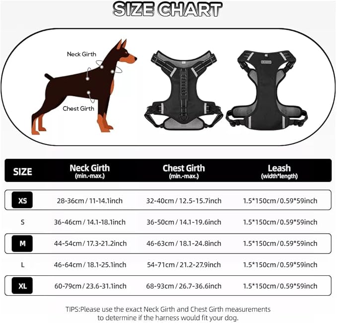 Dog Harness No Pull Adjustable Reflective,for Medium and Large Small Dog with Leash 59.06in (Black, XL)