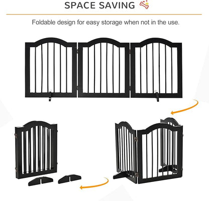 PawHut 24"H Foldable Dog Gate, 3 Panels Freestanding Pet Gate Barriers Indoor with Support Feet, Puppy Fence for Small Dogs, Black