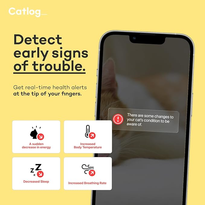 Health Tracker for Cats - Smart Cat Collar with Safety Breakaway Buckle for Indoor Cats, Wellness Alerts, Real-time Monitoring (White×Yellow,XL)