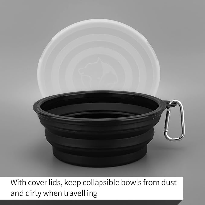 SLSON Dog Bowls Pet Collapsible Bowl with Cover Lids,2 Pack Dog Travel Bowls Portable Foldable Cat Water Dish Bowl for Pets Walking Parking Camping (Black and Black, Large)