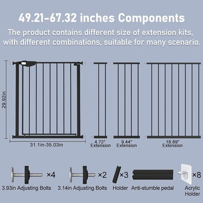 DEARBB Triple Lock Baby Gate for Stairs Doorways and House 31" to 86" Extra Wide Pressure Mounted Easy Walk Through Auto Close Safety Pet Gate Black 49.21-67.32"