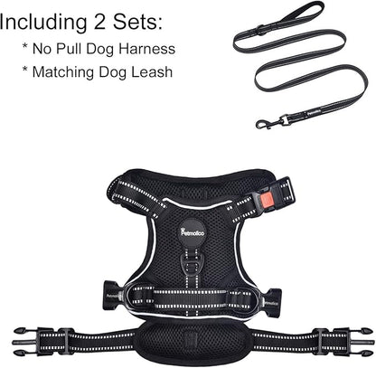 Petmolico Medium Dog Harness and Leash Set, No Choke 4 Leash Attachments Easy Control Handle Soft Padded Reflective Vest for Medium Dogs, Black