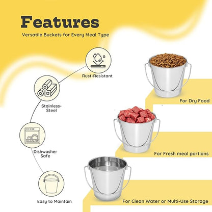 4 Quart Heavy Duty Stainless Steel Round Bucket with Handle | Fits Kennel Cage Critter Crates Farm use | Food & Water Pail for Dogs Cats Goat Pets | Livestock Multipurpose, Pack of 2