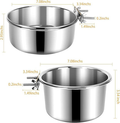 2 Pcs Large Pet Dog Food Water Bowl for Cage Stainless Steel Non-Spill Kennel Hanging Cats Bowls with Clamp Holder Crate Feeder Dish for Medium Large Dogs Huge Pets (7.1x3.7'' & 7.1x2.5'')