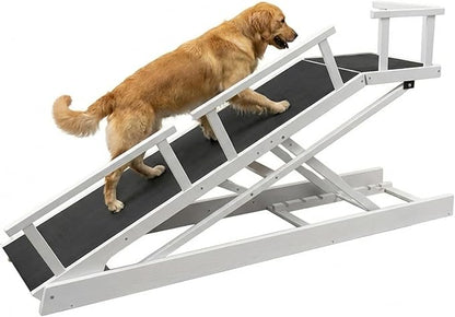 6 Level Height Adjustable Dog Ramp for Bed, Couch 65" Foldable Pet Ramp with Non-Slip Mat，DIY Glow Strips & Rest Platform Heavy Duty Dog Stairs for Large Dogs up to 200Lbs ，White