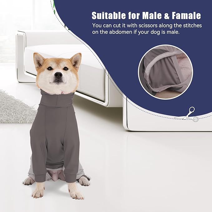 Dog Recovery Suit for Surgery Dog Onesie for Female and Male E-Collar Alternative Anti Shedding Pajamas Long Sleeve Claming Bodysuit Gray M