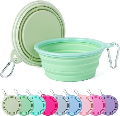 SLSON Collapsible Dog Bowl, 2Pack Macaron Color Pet Travel Bowls Silicone Foldable Water Feeder Dish for Small to Large Dogs Cat Walking Hiking Camping (Macaron Light Green and Light Yellow, Small)