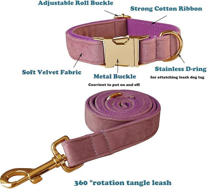 Love Dream Velvet Dog Collar and Leash Set, Soft & Comfy Adjustable Dog Leash and Collar with Heavy Duty Metal Buckle for Small Medium Large Dogs Training & Walking (XLarge, Light Purple)