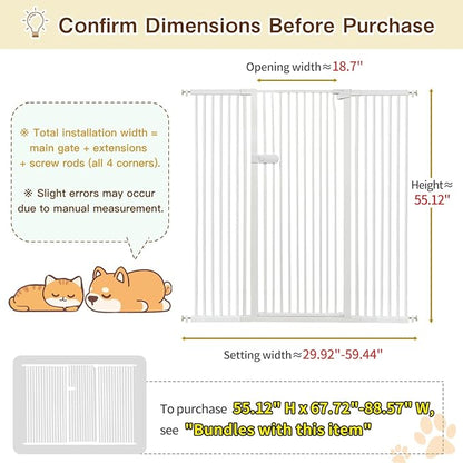 Lumizone Extra Tall Cat Gate 55.12" High Pressure Mounted Extra Wide 2025 New (17 Sizes) 1.37" Gap No Drilling Auto-Close One-Handed Operation Tall Pet Gate for Dogs(White, 55.12" H x 29.92"-59.44" W)