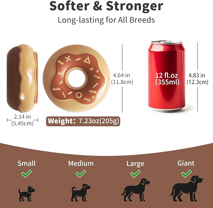 Dog Toys for Aggressive Chewers, Indestructible Squeaky Chew Toy to Keep Them Busy, Interactive Rubber Donut with Milk Flavor & Bounce, Teeth Cleaning for Small Medium Large Breed, Brown