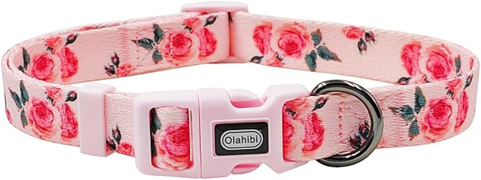Dog Collar and Leash Set, Cute Rose Pattern, Polyester Material, 5ft Leash, for Medium Dogs.(Medium,Pink Rose)