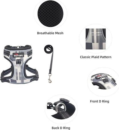 No Pull Dog Harness and Leash Set-Reflective Plaid Design, Adjustable & Comfortable with Front D Ring for Small Medium Dogs (XS, Black Plaid)