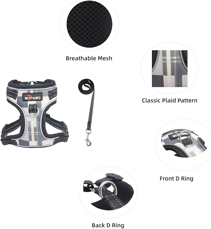 No Pull Dog Harness and Leash Set-Reflective Plaid Design, Adjustable & Comfortable with Front D Ring for Small Medium Dogs (S, Black Plaid)