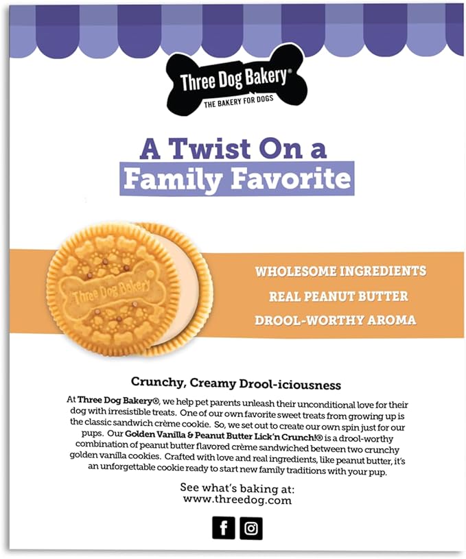 Three Dog Bakery Lick'n Crunch Sandwich Cookies Premium Dog Treats with No Artificial Flavors, Golden & Peanut Butter Flavor, 13 Ounces (Pack of 6)