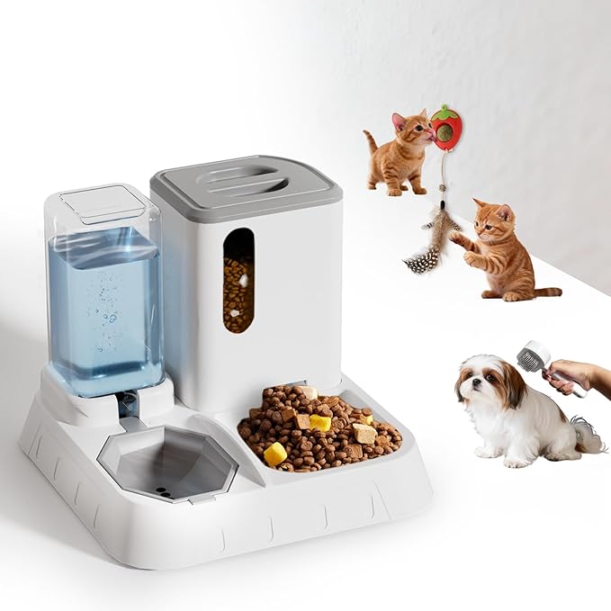 Gravity Cat Feeder and Water Dispenser Set, Automatic Feeder and Water Dispenser for Small Cats Dogs Pets,Large Capacity(1.3L+2.2L)