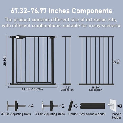 DEARBB Triple Lock Baby Gate for Stairs Doorways and House 31" to 86" Extra Wide Pressure Mounted Easy Walk Through Auto Close Safety Pet Gate Black 67.32-76.77"