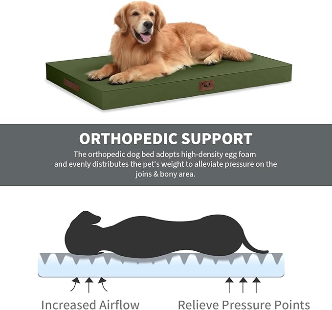 Outdoor Dog Bed for Small Dogs, Waterproof Dog Crate Bed for Medium Dogs Cats, Orthopedic Egg Crate Foam Pet Bed with Washable Removable Oxford Cover, Amy Green