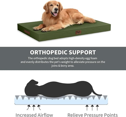 Outdoor Orthopedic Dog Bed, Waterproof Dog Bed for Large Dogs 36x27 Inch, Egg Crate Foam Pet Mat with Washable Removable Oxford Cooling Cover, Amy Green