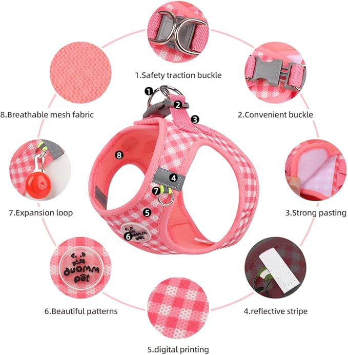 Soft Mesh Dog Harness and Leash Set, Step-in Escape Proof Vest Harnesses, Reflective Breathable Pet Harness Adjustable Plaid Pet Outdoor Harnesses for Small and Medium Dogs, Watermelon M