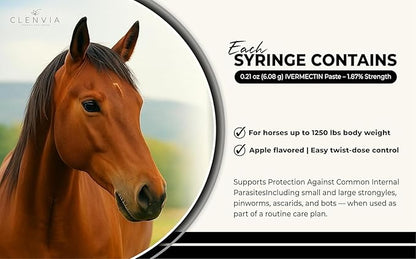 Ivermectin Horse Wormer Paste 1.87% – Apple Flavored 6.08g (0.21 oz) Oral Syringe – Treats Horses Up to 1,250 lbs – Adjustable 250 lb Weight Markings – Removes Worms & Bot Control – 6 Pack