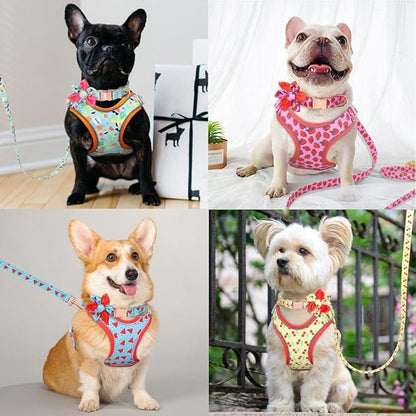 Dog Cat Harnesses Set Yellow Printed Dog Collar Leash Set Personalized Pet Dog Collar Harnesses Walking Leash for Medium Large Dogs M