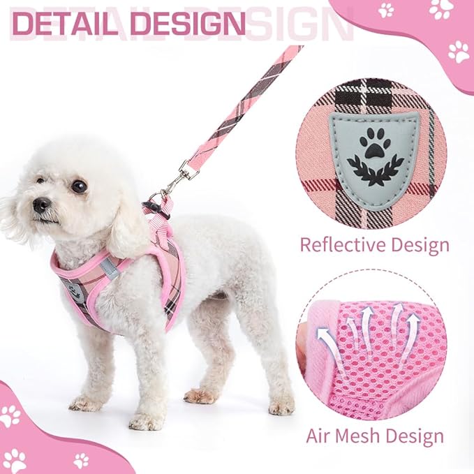 KOOLTAIL Small Dog Harness and Lead Set, Soft Mesh Plaid Puppy Harness with Safety Buckle, Adjustable & Comfortable Padded Reflective Vest for Puppies and Small Breeds Dogs Walking,Pink,X-Small