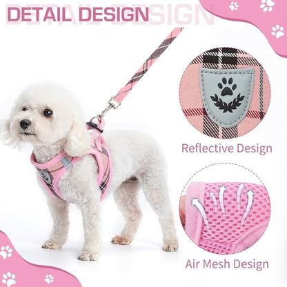 KOOLTAIL Small Dog Harness and Lead Set, Soft Mesh Plaid Puppy Harness with Safety Buckle, Adjustable & Comfortable Padded Reflective Vest for Puppies and Small Breeds Dogs Walking,Pink,X-Small
