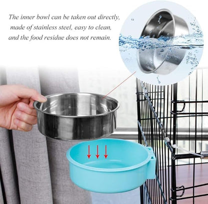 Pet Hanging Bowl 2-in-1 Removable Stainless Steel Food Hanging Bowl for Puppy/Cat, Andiker Pet Bowl Hanging Cage Large Water Food Feeder for Dogs Cats (Large, Pink)