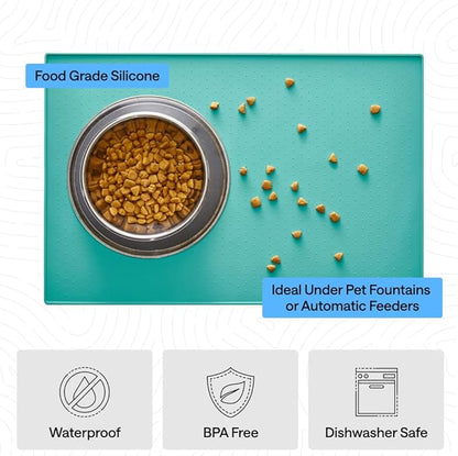 GORILLA GRIP 100% Waterproof Raised Edge BPA Free Silicone Pet Feeding Mat, Dog Cat Food Mats Contain Spills Protects Floors, Placemats for Cats and Dogs Water Bowl, Pets Accessories 32x24 Turquoise