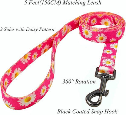 Dog Collar and Leash Set, Cute Pink Daisy Pattern, Polyester Material, 5ft Leash, for Small Dogs.(S, Daisy Set)