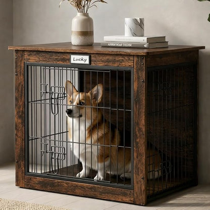 Dog Crate Furniture with Reversible Side Door, 28'' Heavy Duty Wooden Dog Kennel Indoor for Small Medium Dogs, Furniture Style Dog Cage with Double Locks, Steel Mesh, Rustic End Table Dog Crate