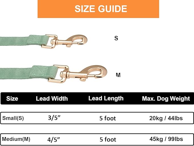 Soft Cotton Dog Leash, 5 Ft Heavy Duty Corduroy Dog Leashes with Gold Metal Hook for Small Medium Large Dogs,Medium,Grass Green