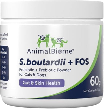 Animal Biome S. Boulardii + FOS Powder Probiotics for Dogs & Cats 60g – Pet Supplements Saccharomyces Boulardii Dog Probiotic with Prebiotic FOS for Gut Health, Digestive Support & Firmer Stool