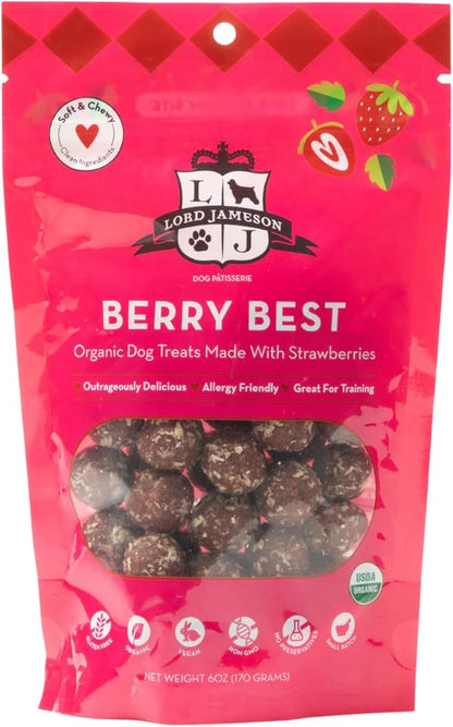 Lord Jameson Berry Best Soft & Chewy Organic Dog Treats - Strawberries & Beets- Gluten-Free, Preservative-Free, USDA Certified Organic – For All Life Stages - Made in USA 6 oz