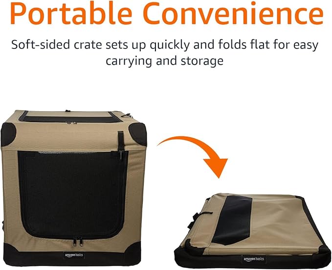 Amazon Basics Portable Folding Soft Dog Crate, Double Door, Collapsible Travel Kennel, Easy to Assemble, Medium, 29.92" x 21.3" x 21.3", Tan