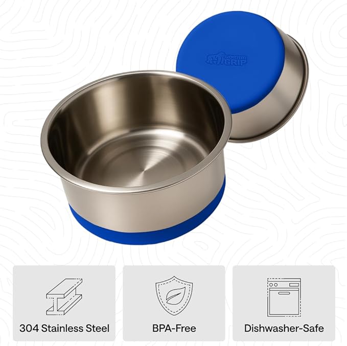GORILLA GRIP Dog Bowls, Food Grade 304 Stainless Steel, Holds 2 Cups Each (16 fl oz) Food and Water Bowl for Feeding Dogs and Cats, Dishwasher Safe, Rust Resistant, BPA Free Rubber Base Set of 2 Blue