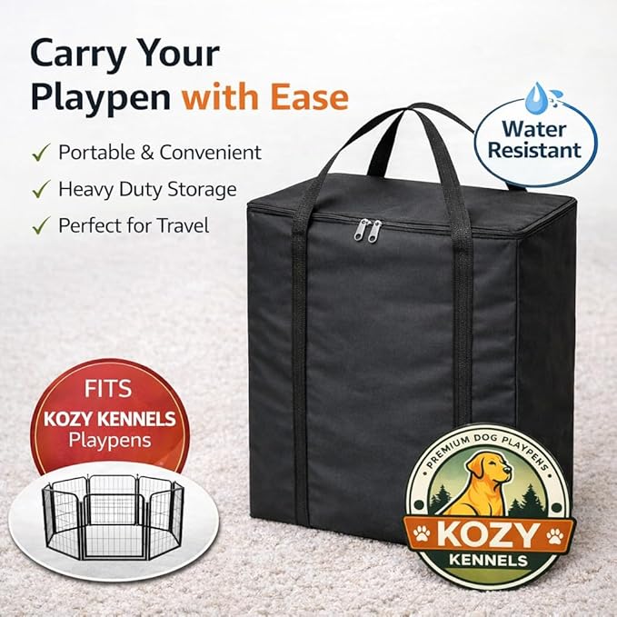 Dog Playpen w/Carrying Case for Indoor or Outdoor Use – 40 Inch, 16 Black Panels - Portable Metal Exercise Pen for Medium & Large Dogs - Pet Fence Kennel Crate for House, RV, or Travel
