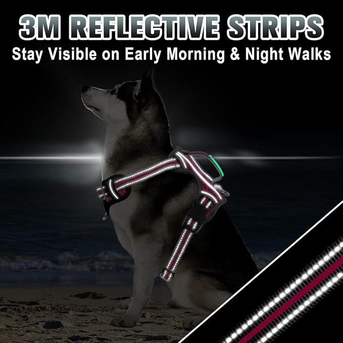 BARKBAY No Pull Dog Harness Large Reflective Dog Harness with Front Clip and Easy Control Handle for Walking Training Running with ID tag Pocket(Pink/Black,L)