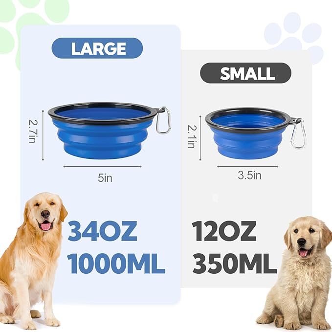 Dog Bowl Collapsible, 2 Pack Portable Foldable Travel Water Bowl Food Dishes with Carabiner Clip for Traveling, Hiking, Walking(12oz, Small, Blue+Black)